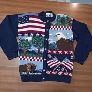 Cabelas Cardigan Sweater Women's  Knitted By Hand  America US Flags Med